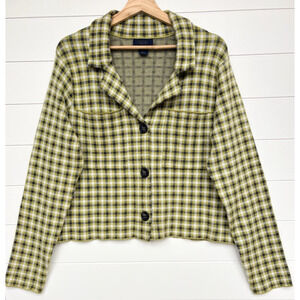 Rachel Roy Plaid Button Front Cropped Knit Blazer Cardigan XL Green Gray Career